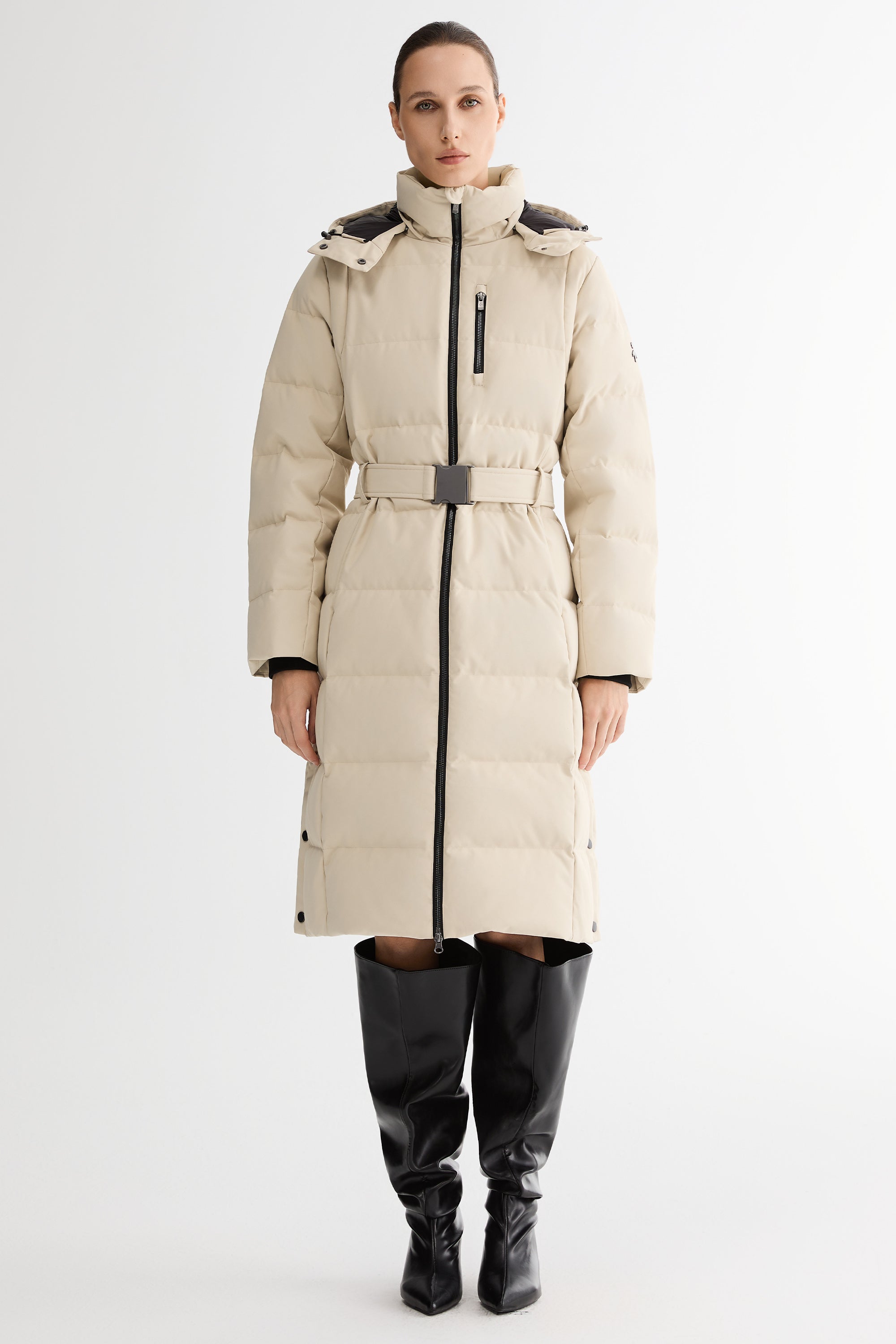 Full-Length Belted Hooded Down Jacket Orolay #color_beige