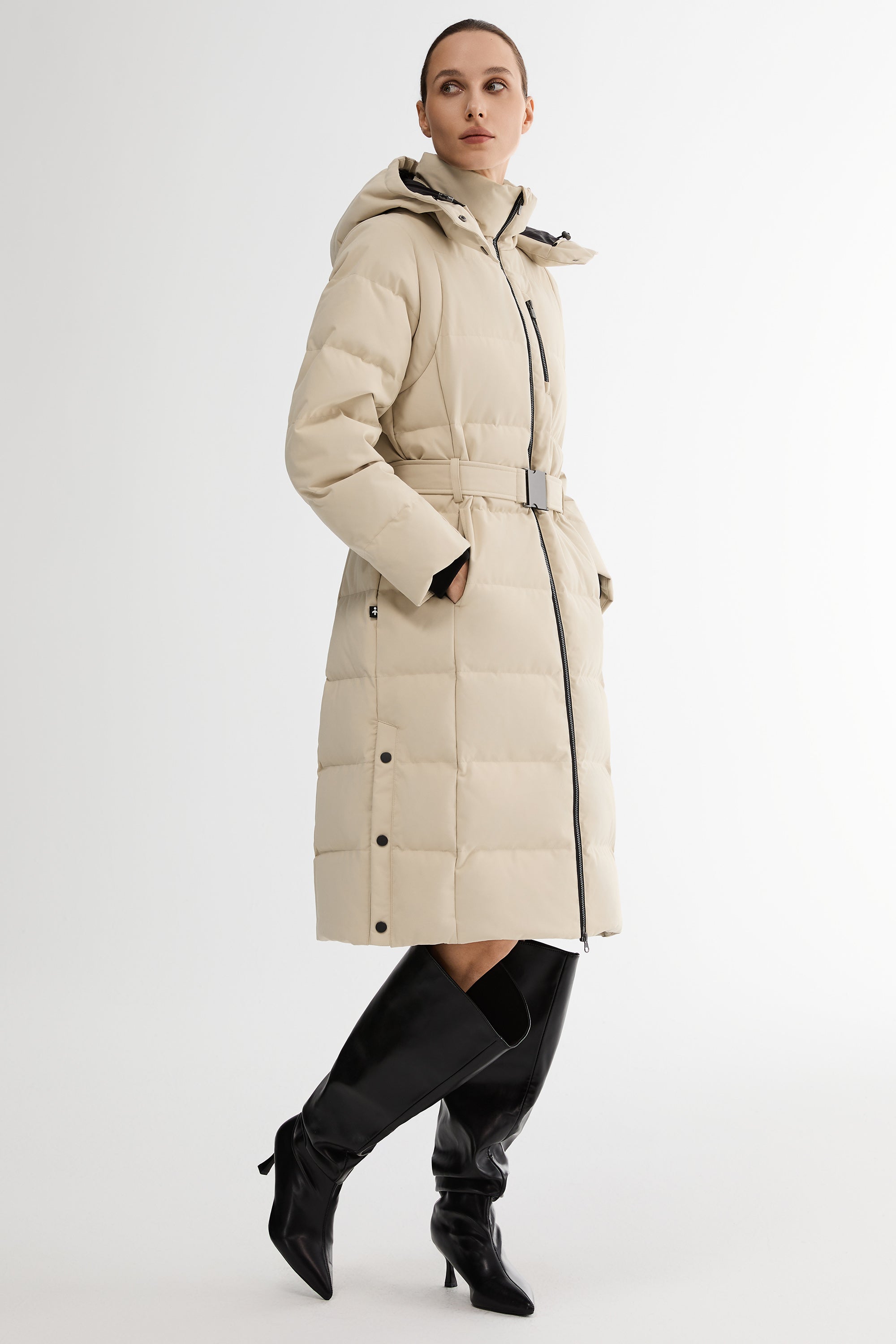 Full-Length Belted Hooded Down Jacket Orolay #color_beige