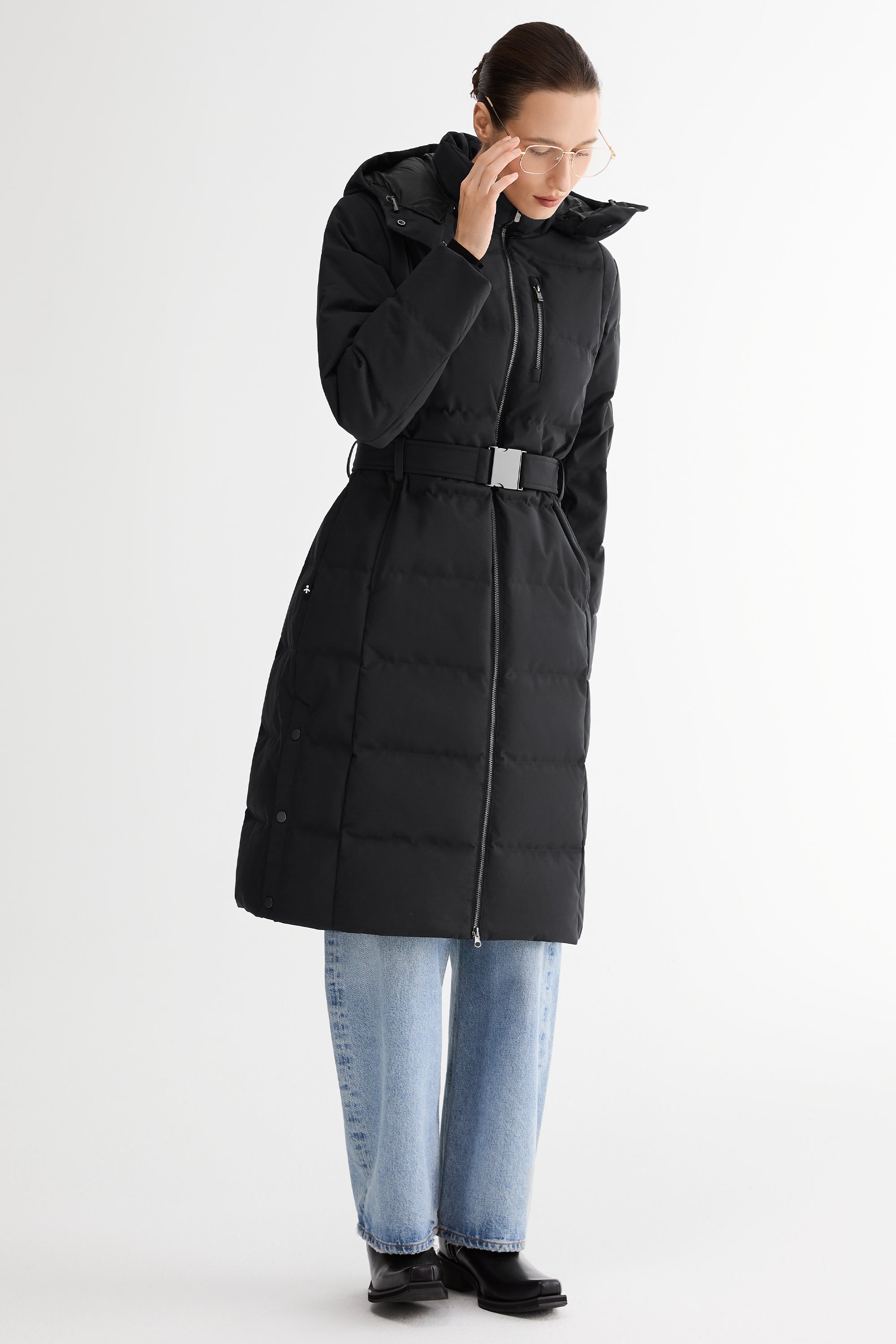 Full-Length Belted Hooded Down Jacket Orolay #color_black