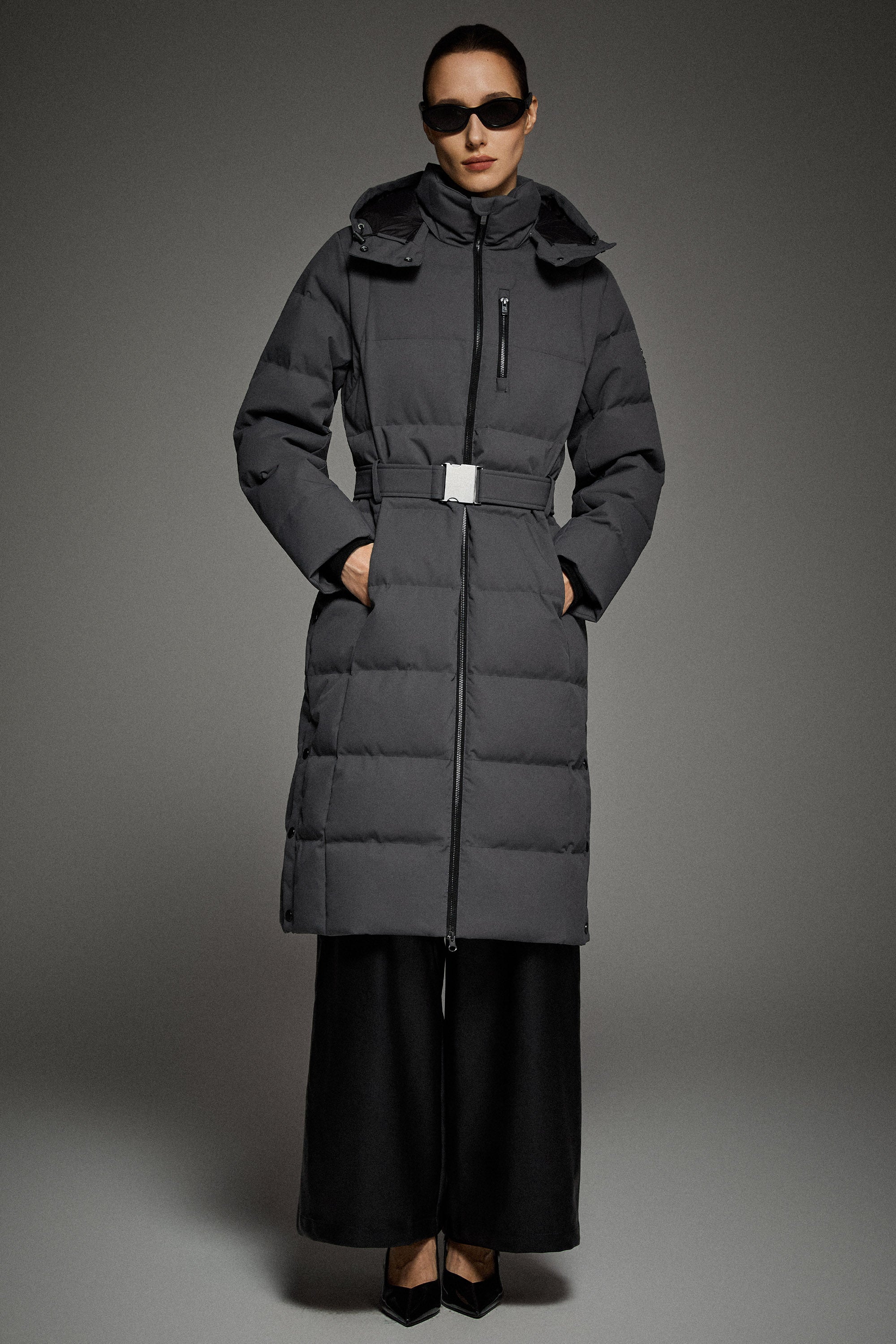 Full-Length Belted Hooded Down Jacket Orolay #color_darkgray