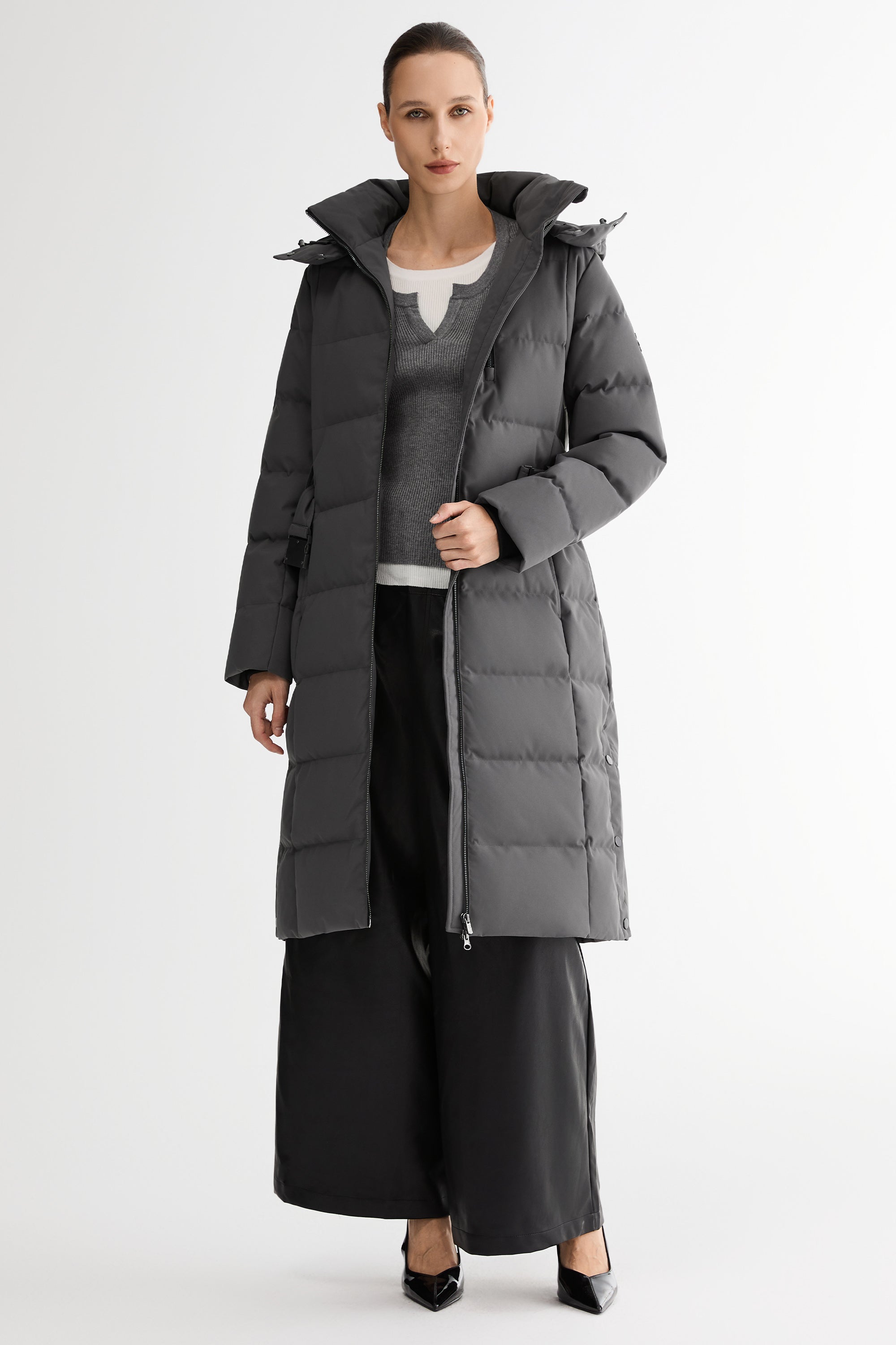 Full-Length Belted Hooded Down Jacket Orolay #color_darkgray