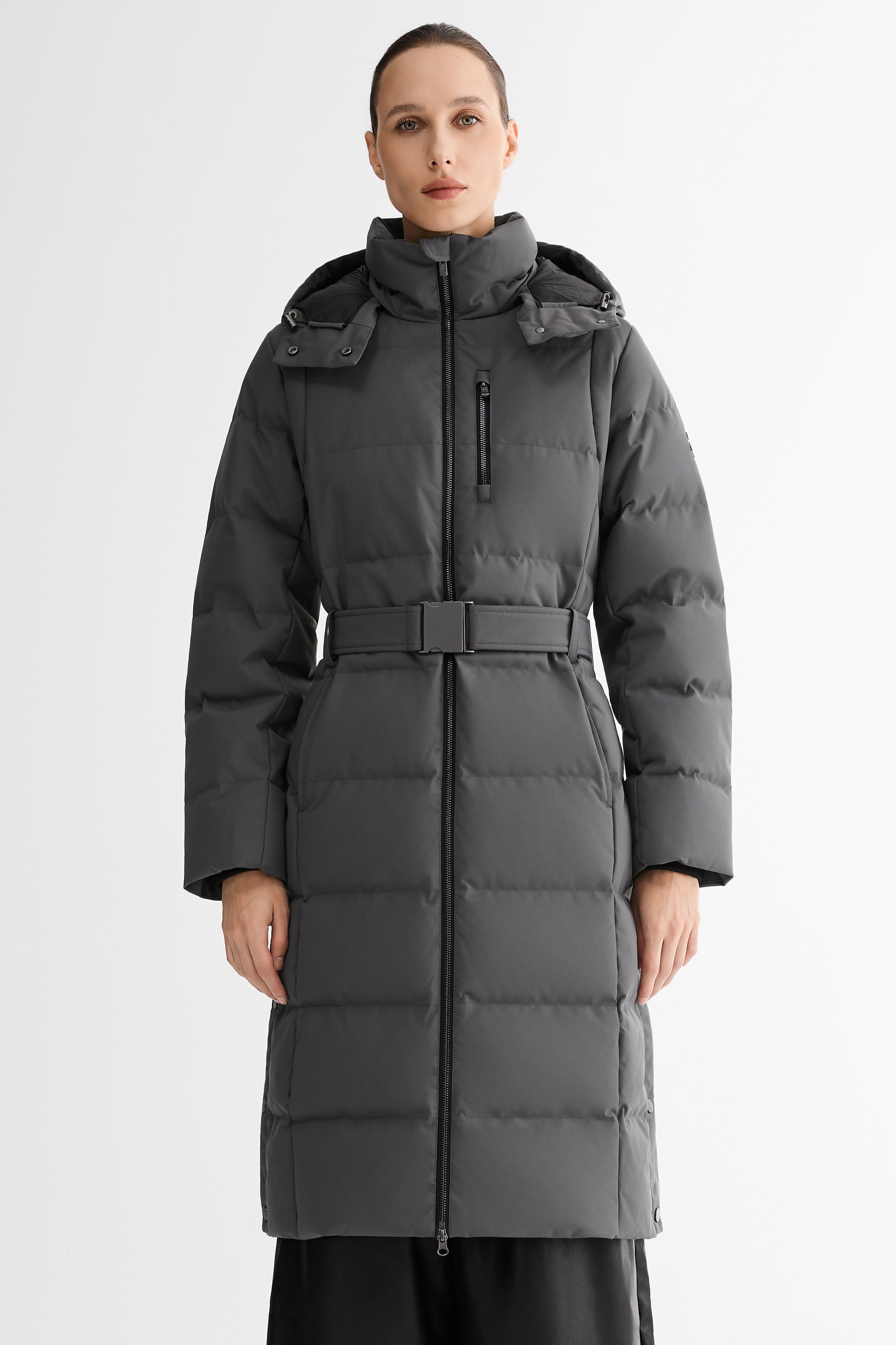Full-Length Belted Hooded Down Jacket Orolay #color_darkgray