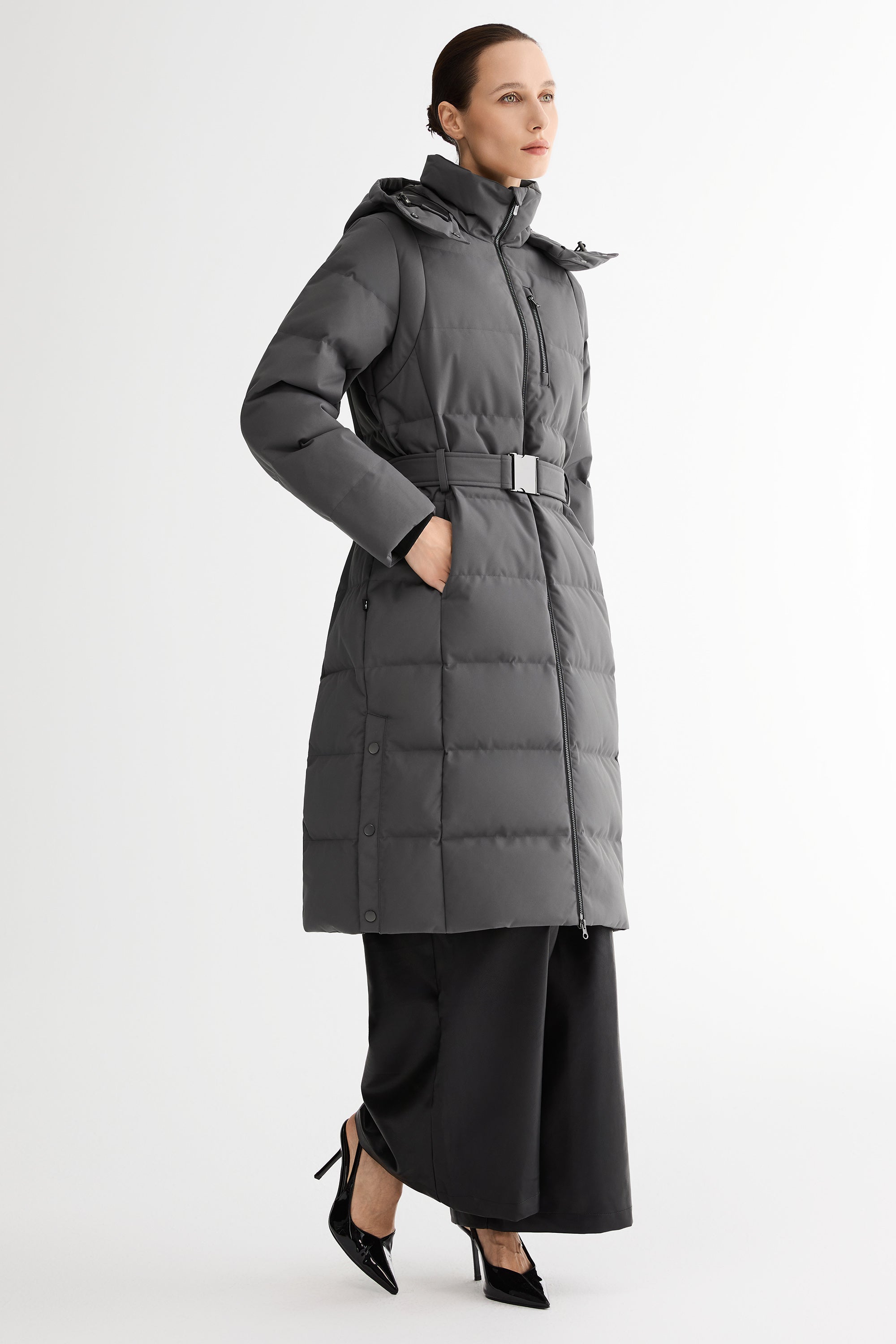 Full-Length Belted Hooded Down Jacket Orolay #color_darkgray