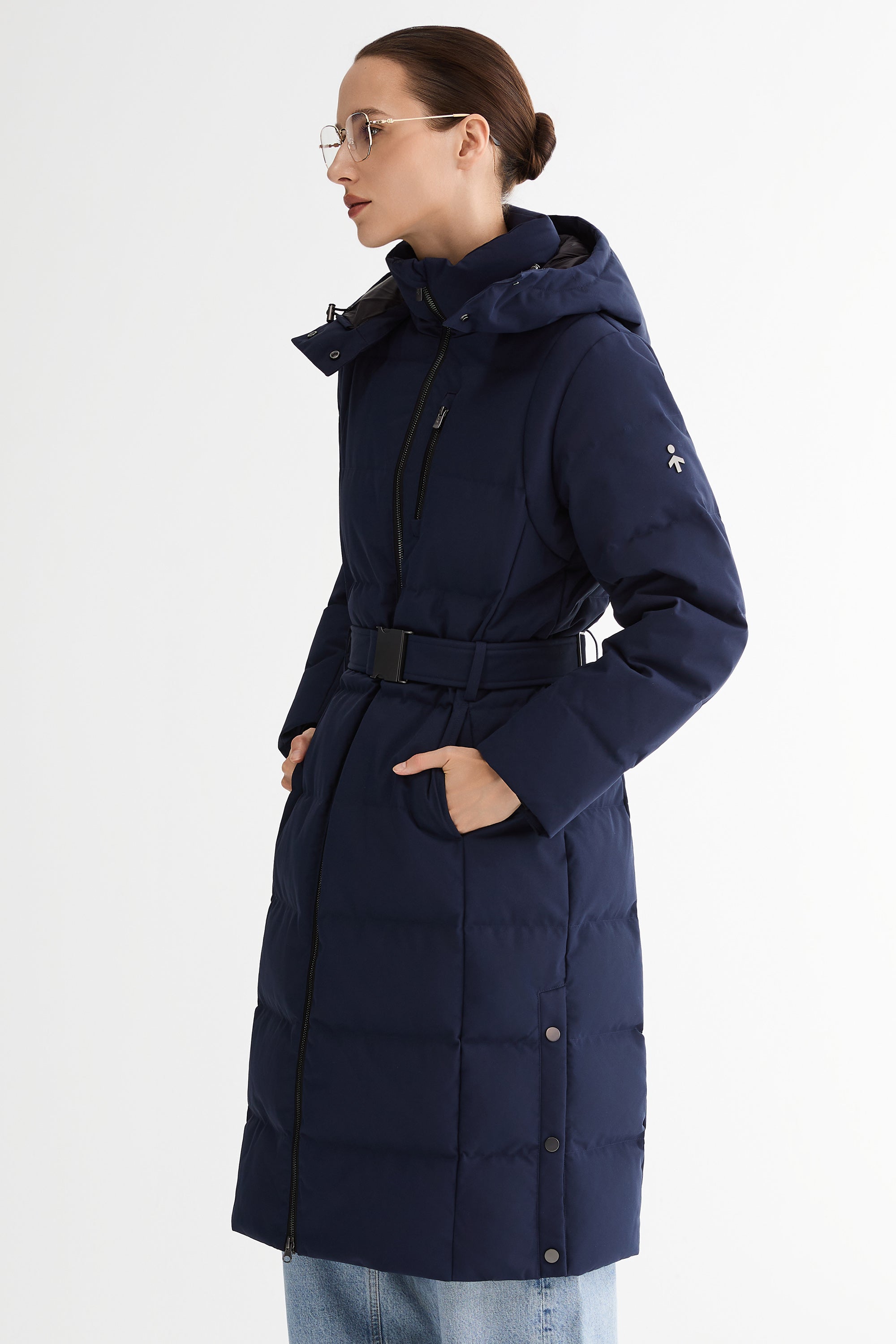 Full-Length Belted Hooded Down Jacket Orolay #color_navy