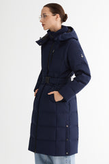 Full-Length Belted Hooded Down Jacket Orolay #color_navy