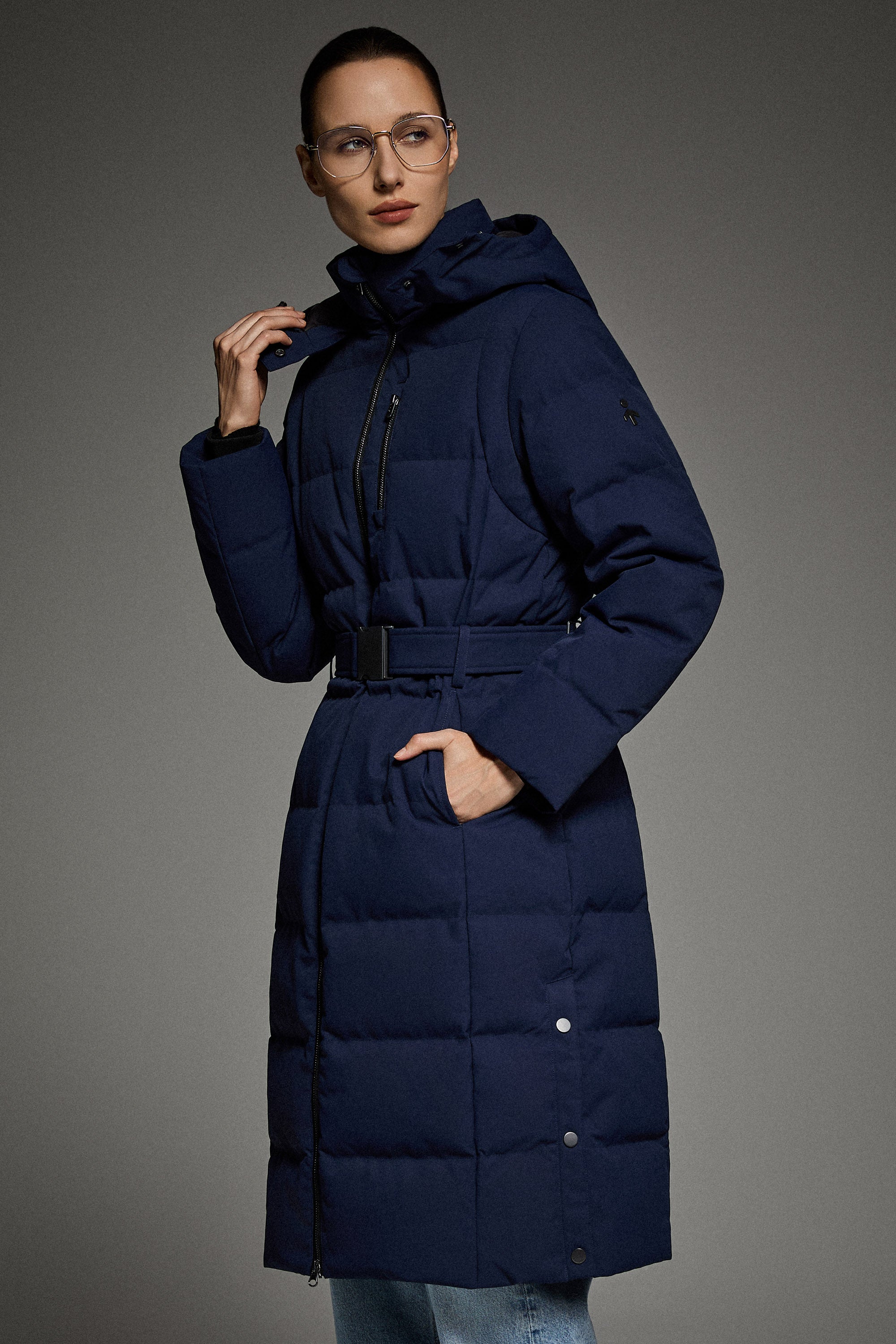 Full-Length Belted Hooded Down Jacket Orolay #color_navy