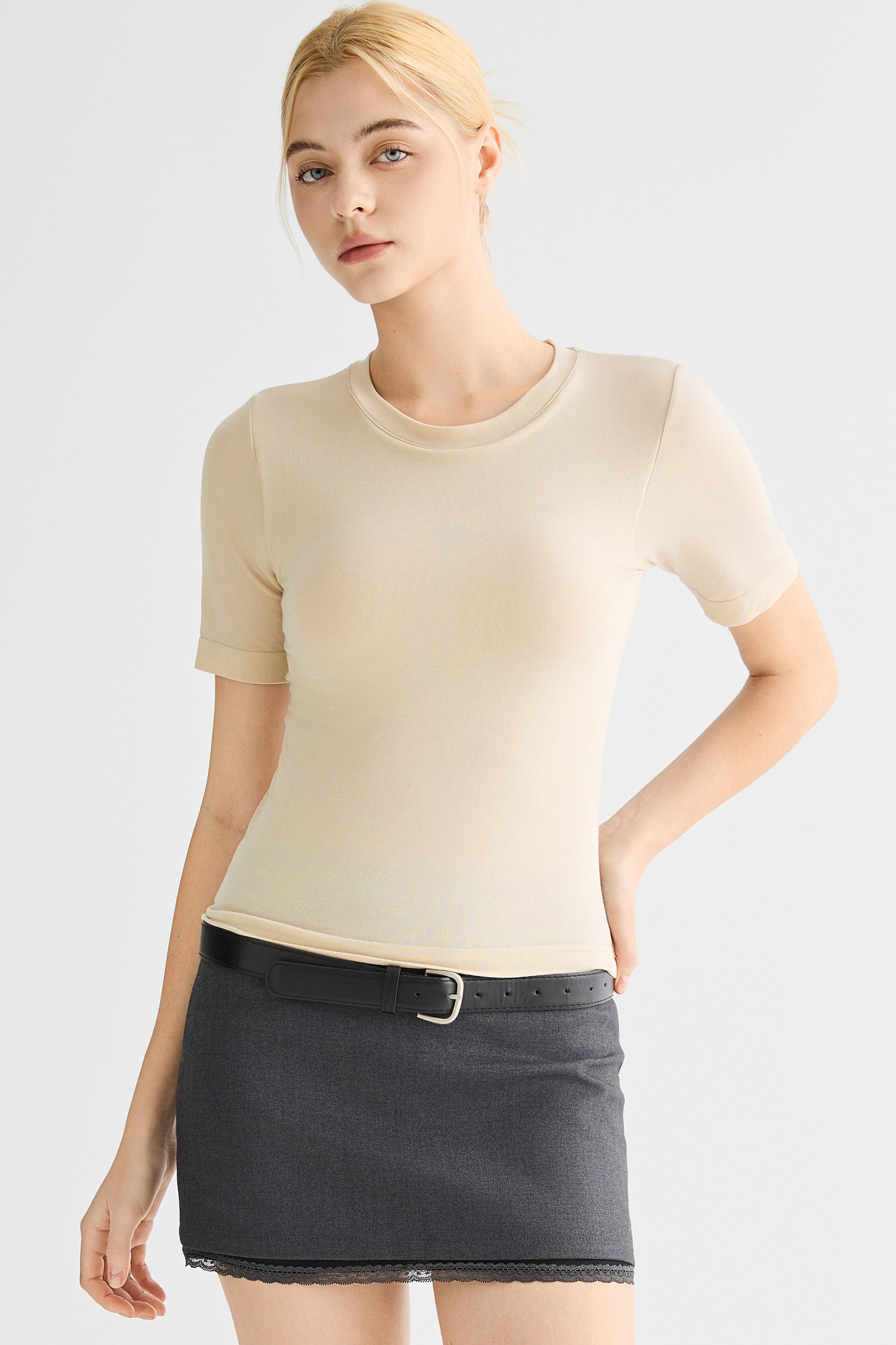 Short-Sleeve Padded Knit Crew T-Shirt OROLAY #color_beige