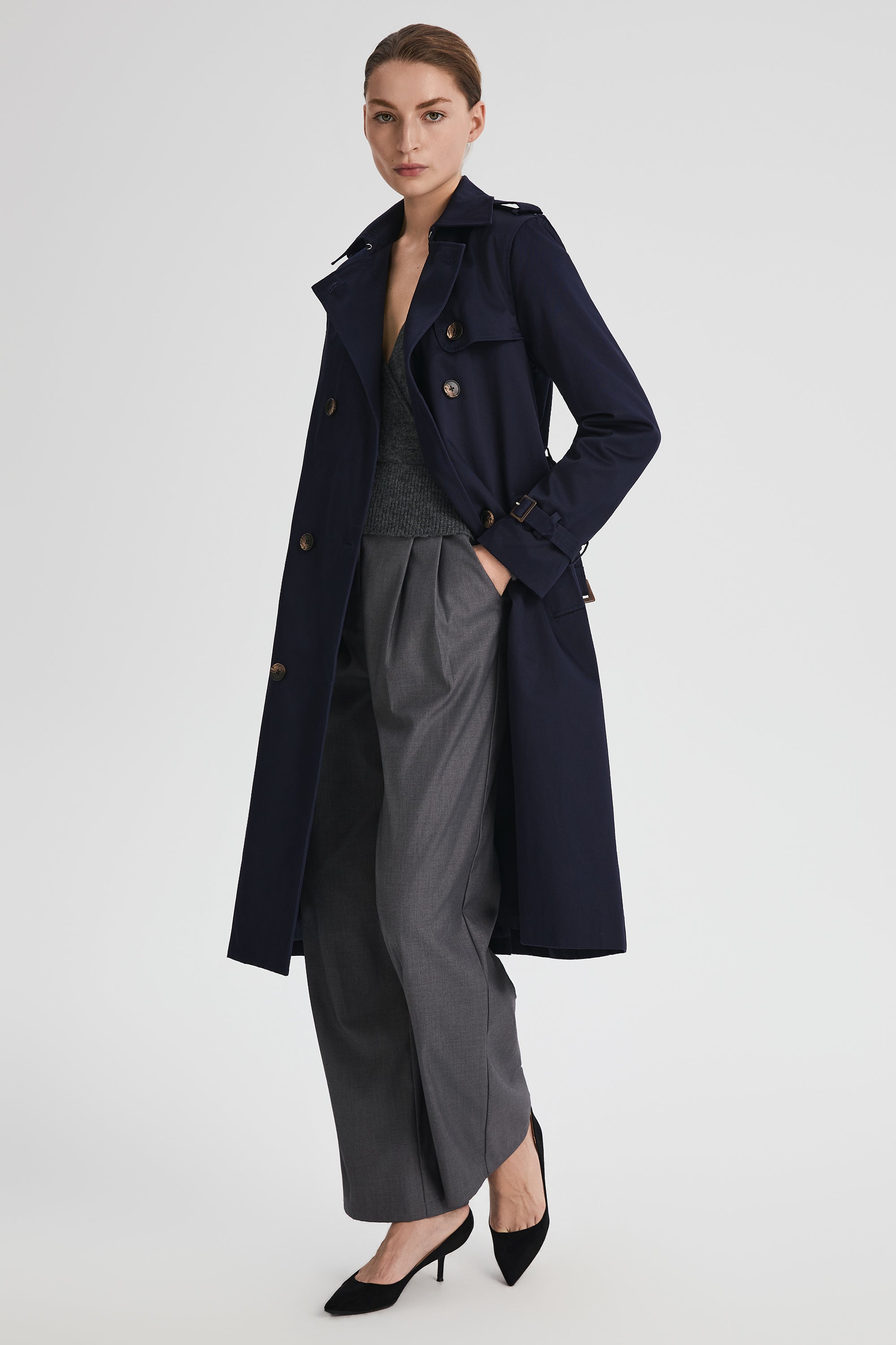 Maxi Length Classic Trench Coat Orolay #color_navy