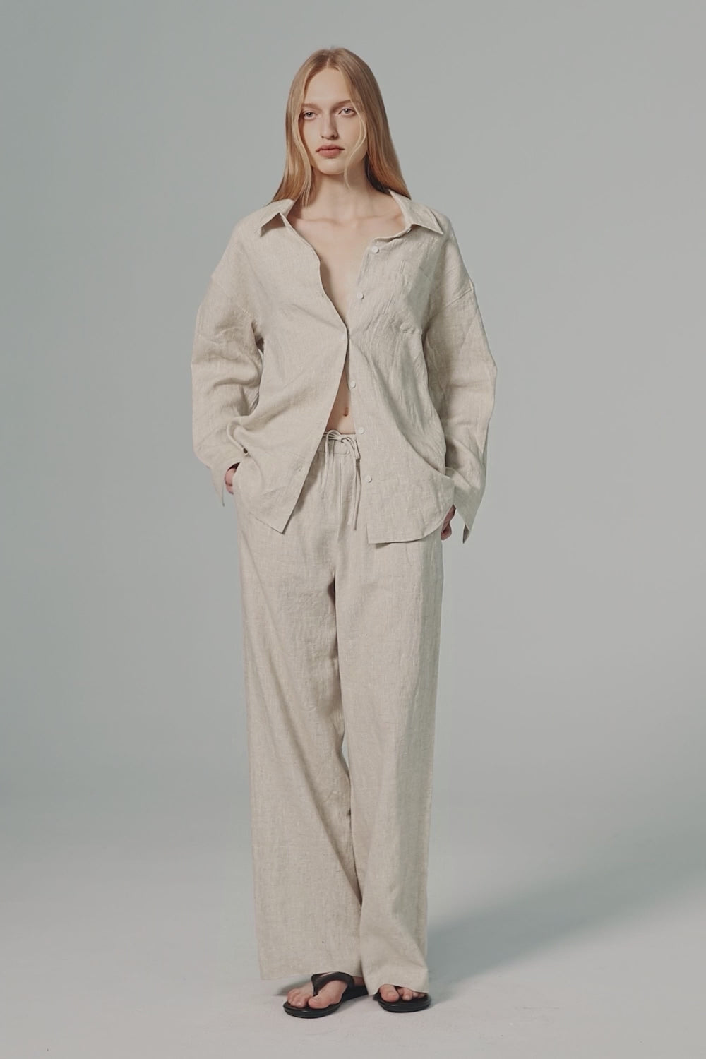 Oversized Linen Button-Up Shirt #color_Natural Ecru,white,dark night navy
