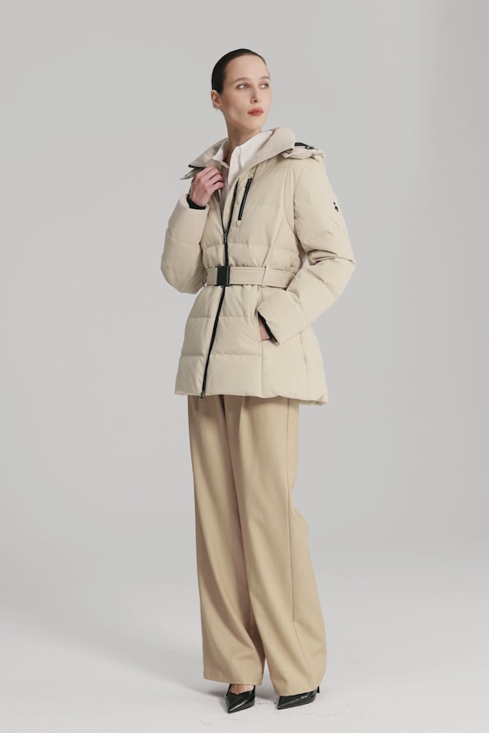 Celeste Polished Edge Belted Hooded Down Jacket #color_darkgray,beige,black,navy