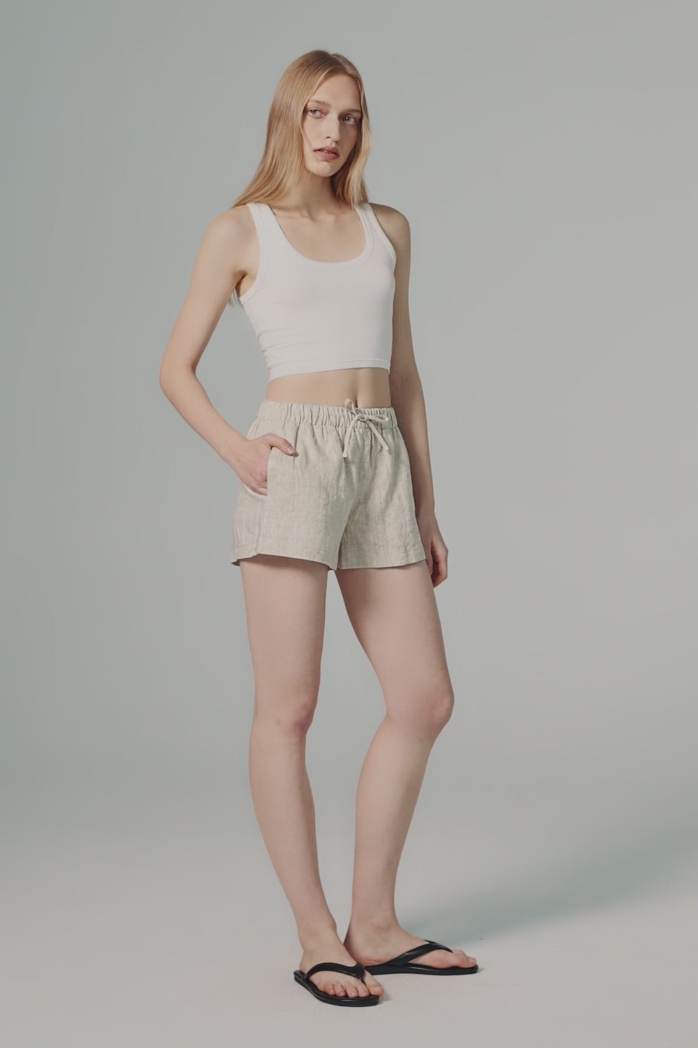 Relaxed Linen Drawstring Shorts Orolay #color_Natural Ecru,white