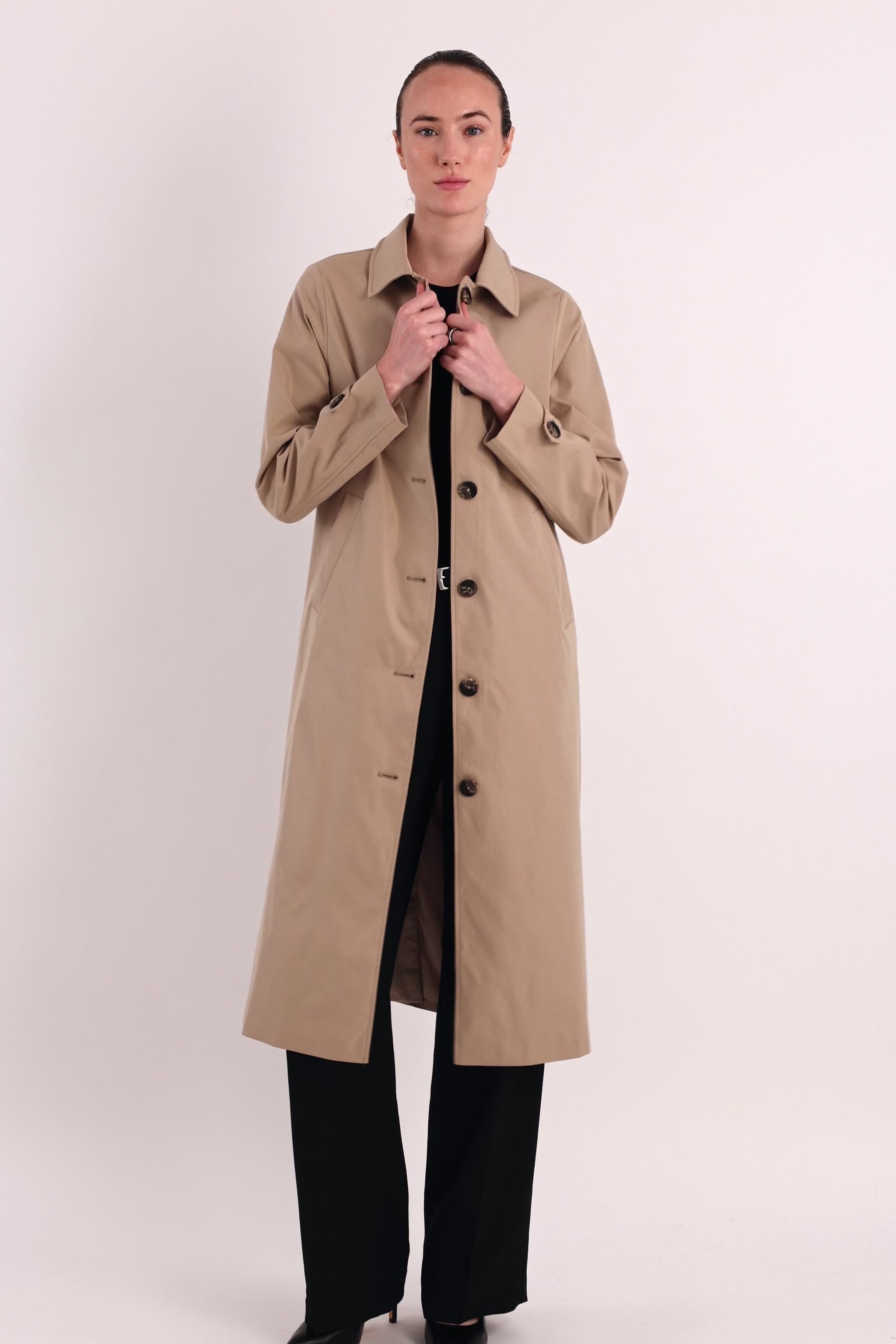Long Single-Breasted Trench Coat #color_Frosted Almond