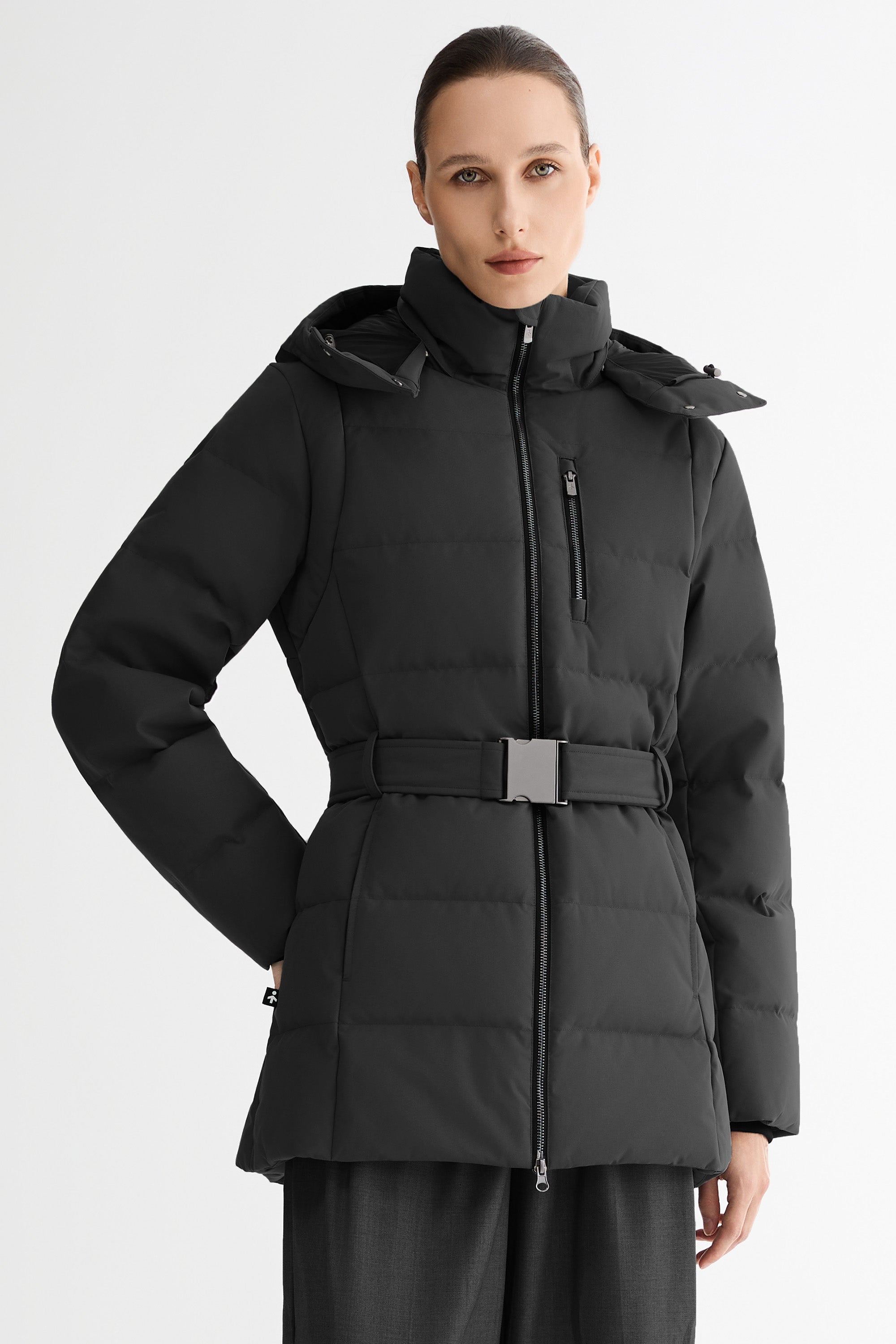 Celeste Polished Edge Belted Hooded Down Jacket #color_black