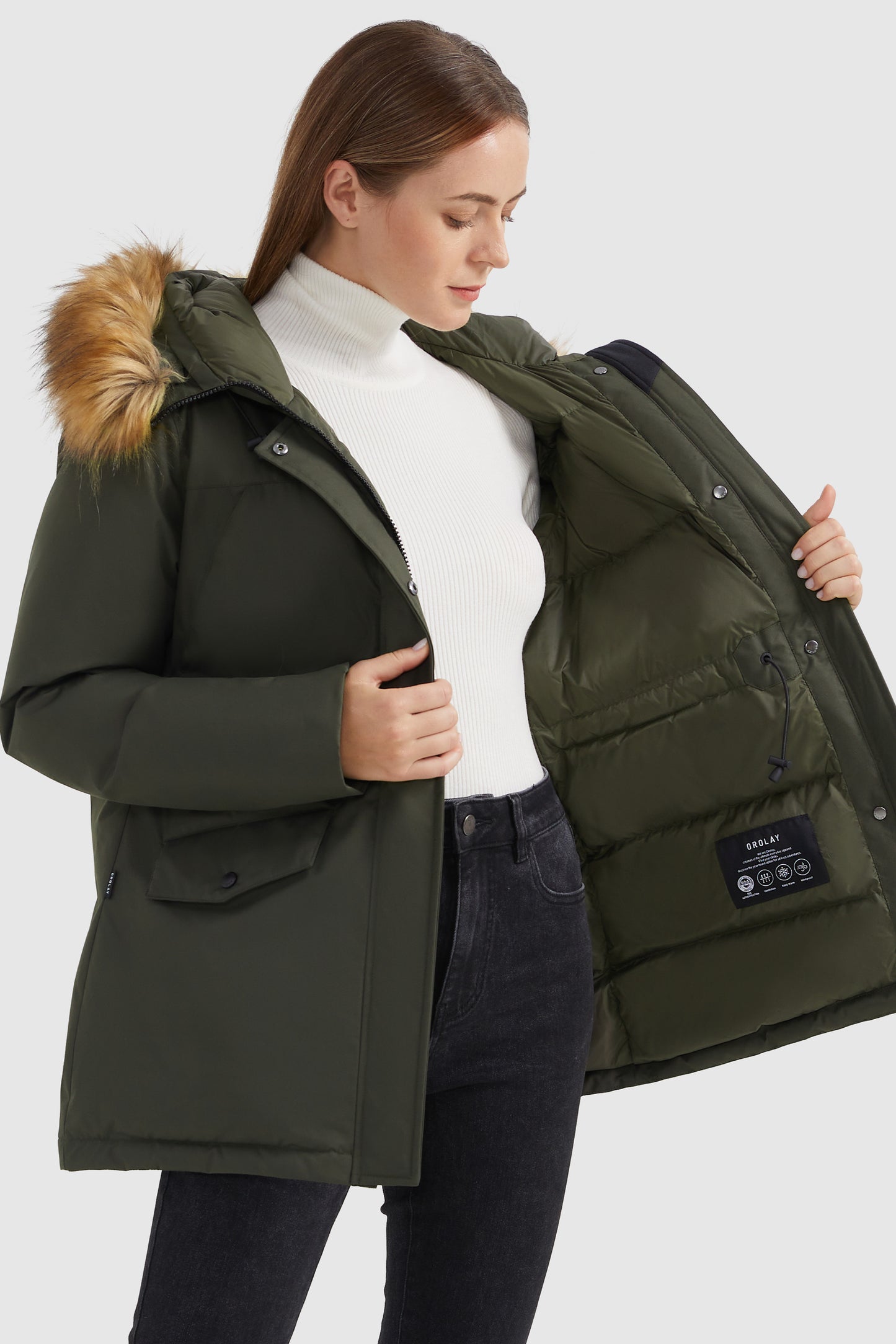 Thickened Down Coat with Faux Fur Trim Hood