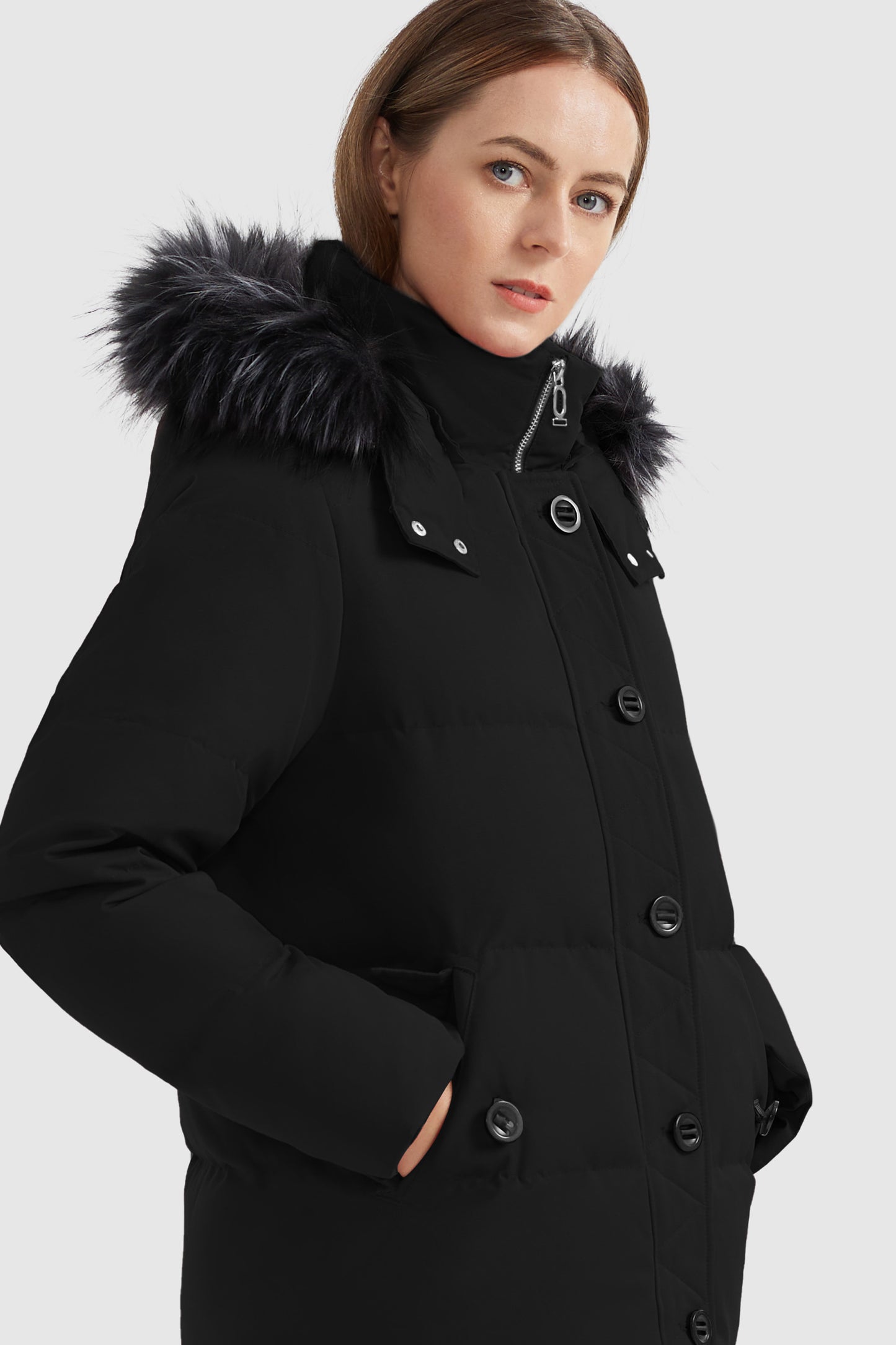 Fur Trim Hood Windproof Down Parka with Stand Collar