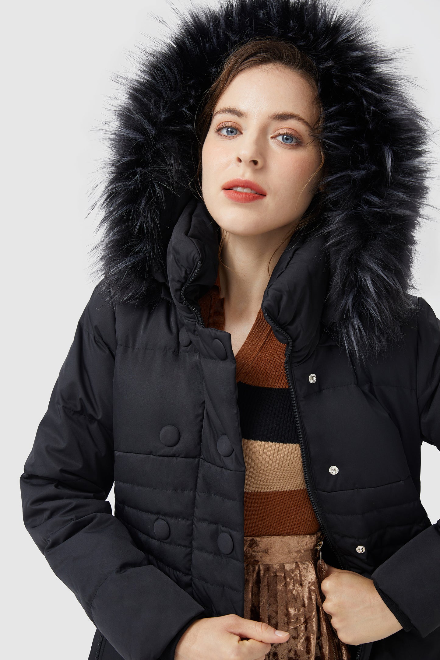 Long Puffer Coat with Hood Fur