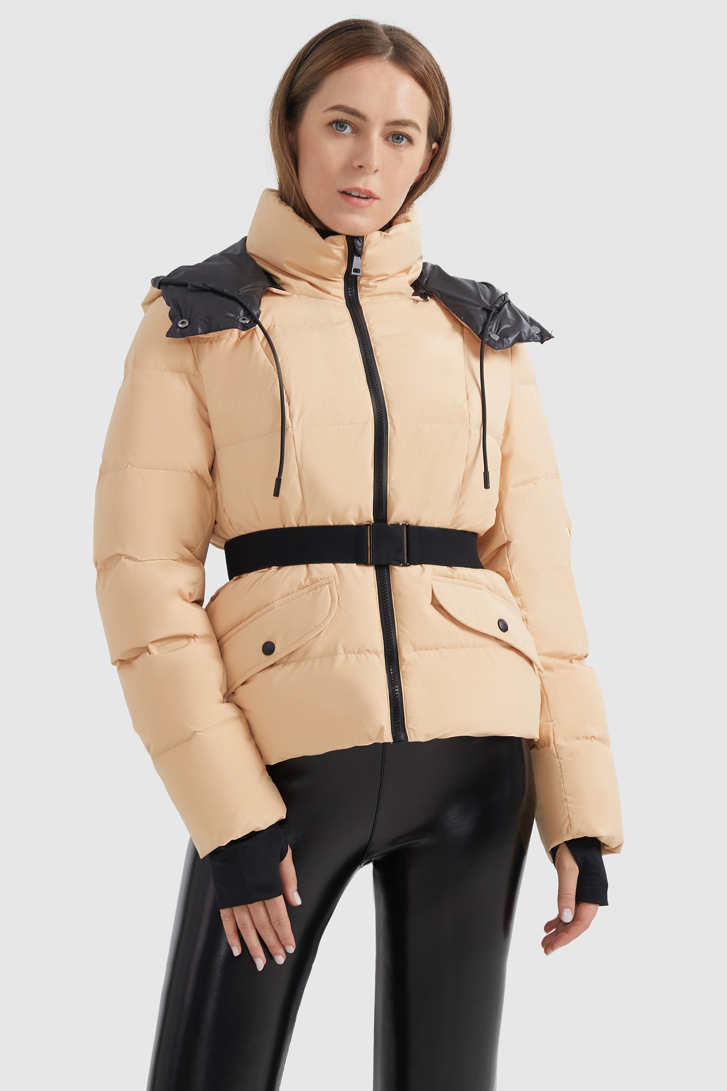 Drawstring Hooded Down Jacket with Detachable belt