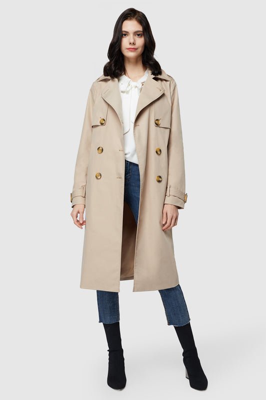3/4 Length Belted Double-Breasted Trench Coat