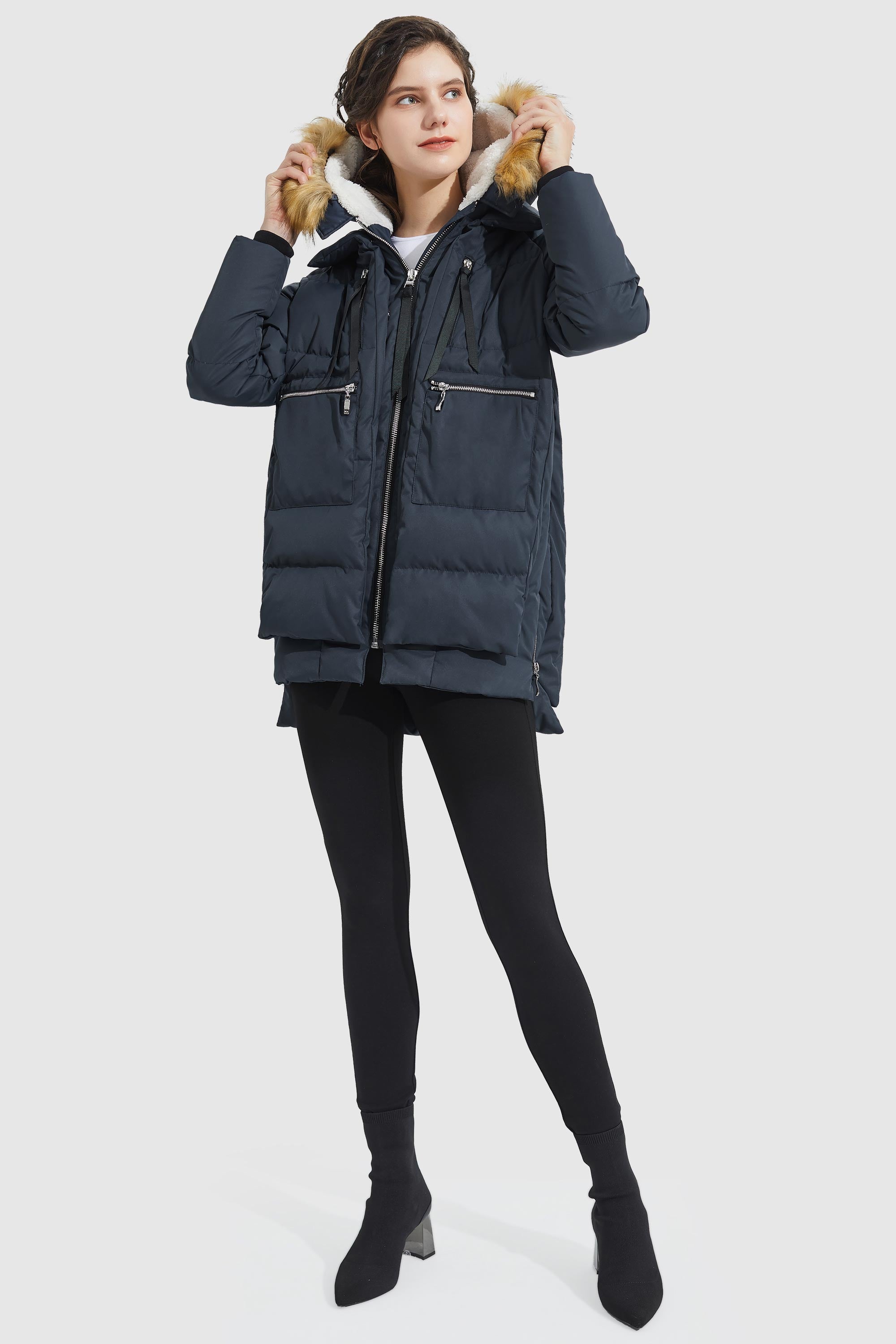 Zip front Thickened Down Jacket with Faux Fur Hood