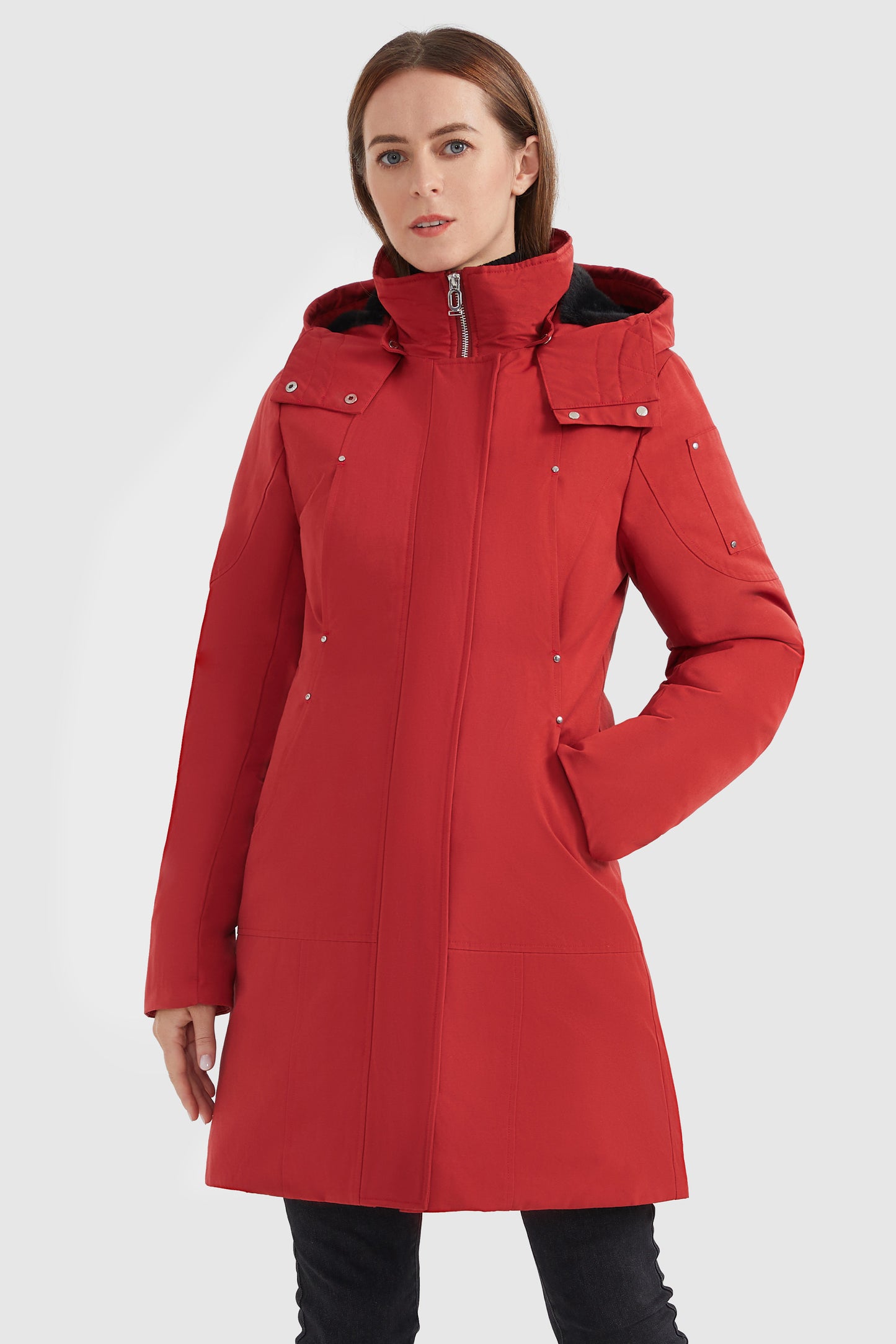 Mid-length Hooded Down Coat with Stand Collar